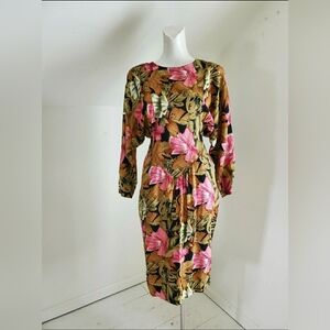 80s Vintage April Rain Floral Print Wing Sleeve Midi Dress 27" waist